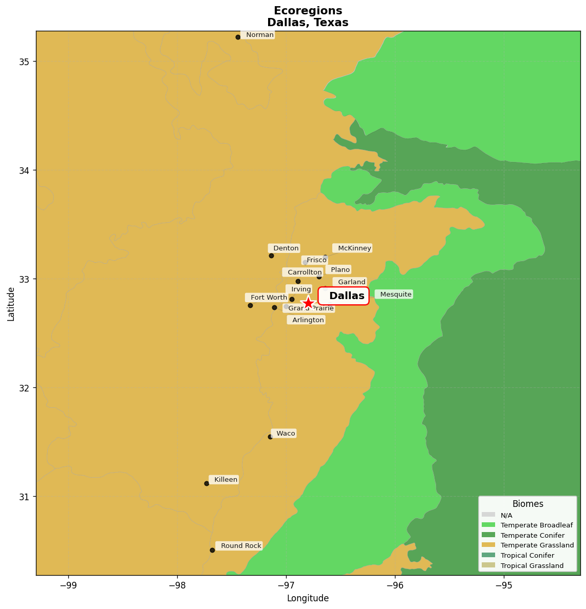 Ecoregion Map for Dallas, TX