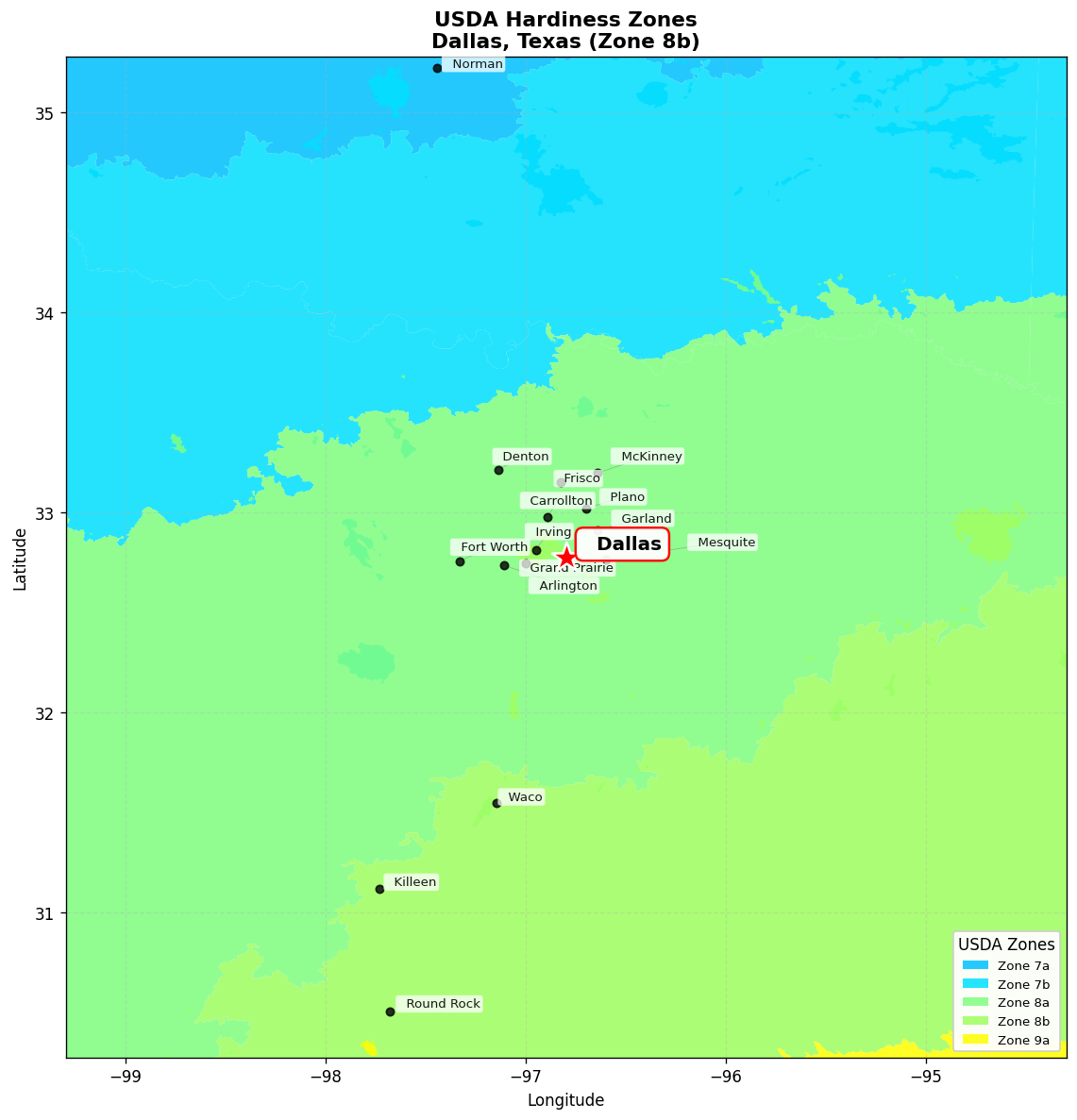 USDA Hardiness Zone Map for Dallas, TX