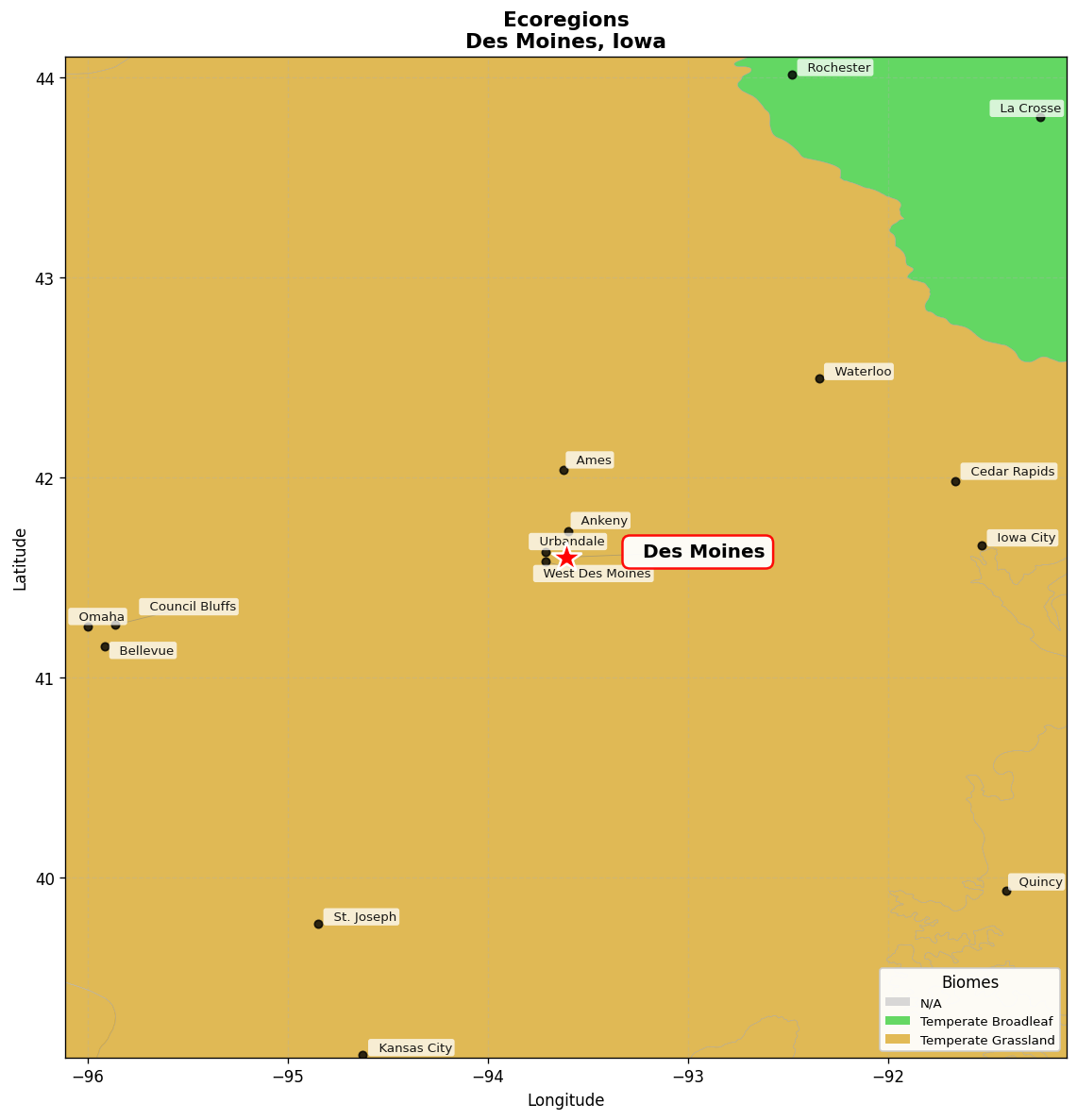 Central Tallgrass prairie Ecoregion Map for Des Moines, IA