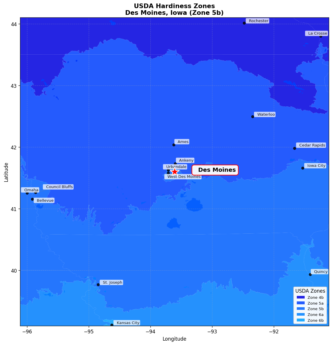 USDA Hardiness Zone 5b Map for Des Moines, IA