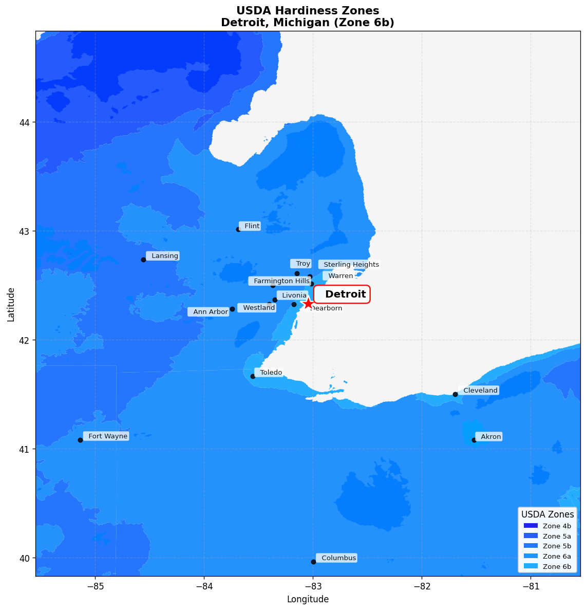 USDA Hardiness Zone Map for Detroit, MI