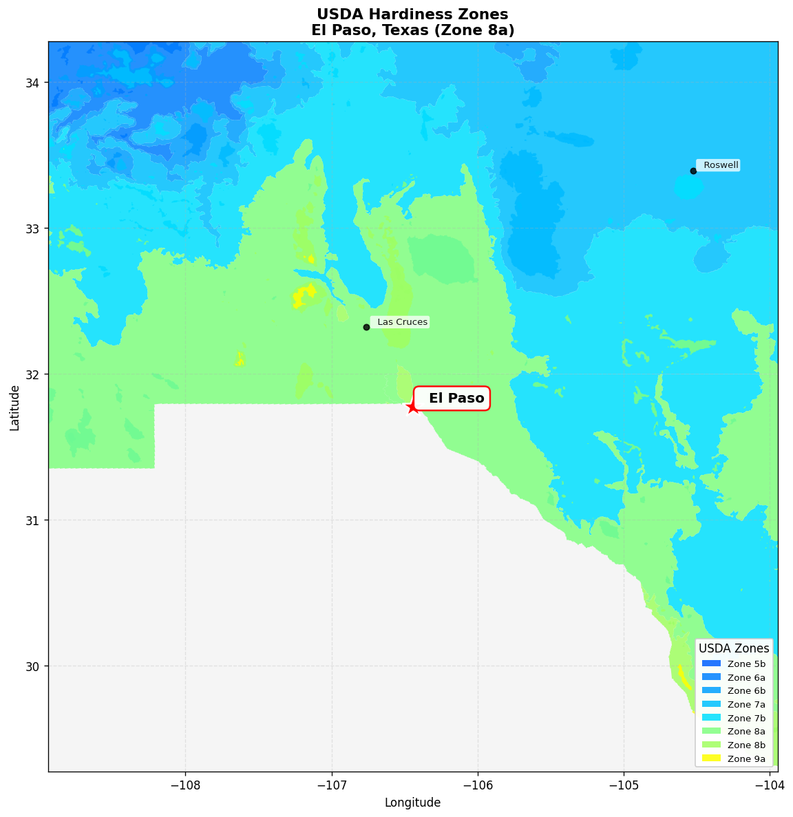 USDA Hardiness Zone Map for El Paso, TX
