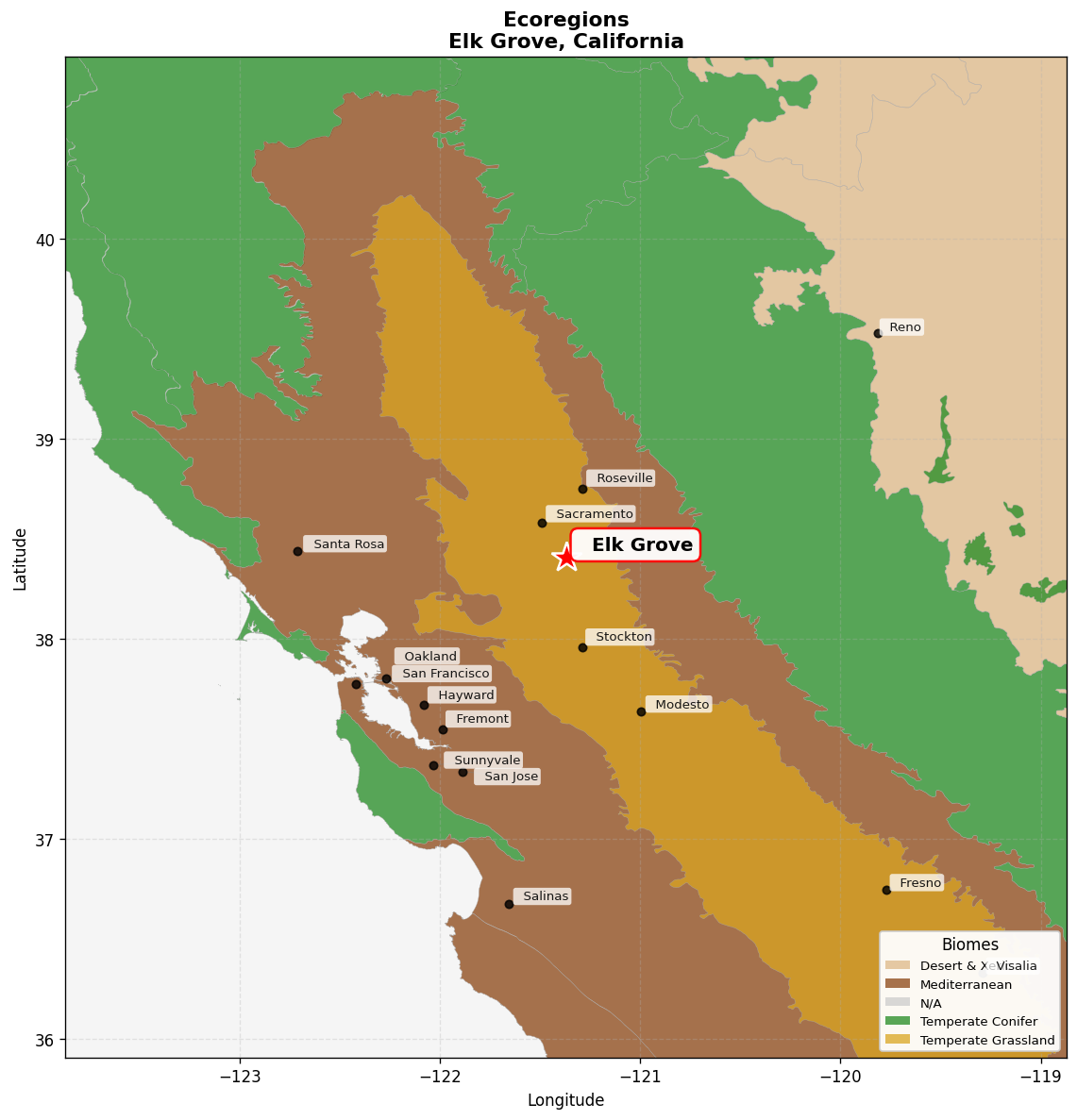 California Central Valley grasslands Ecoregion Map for Elk Grove, CA