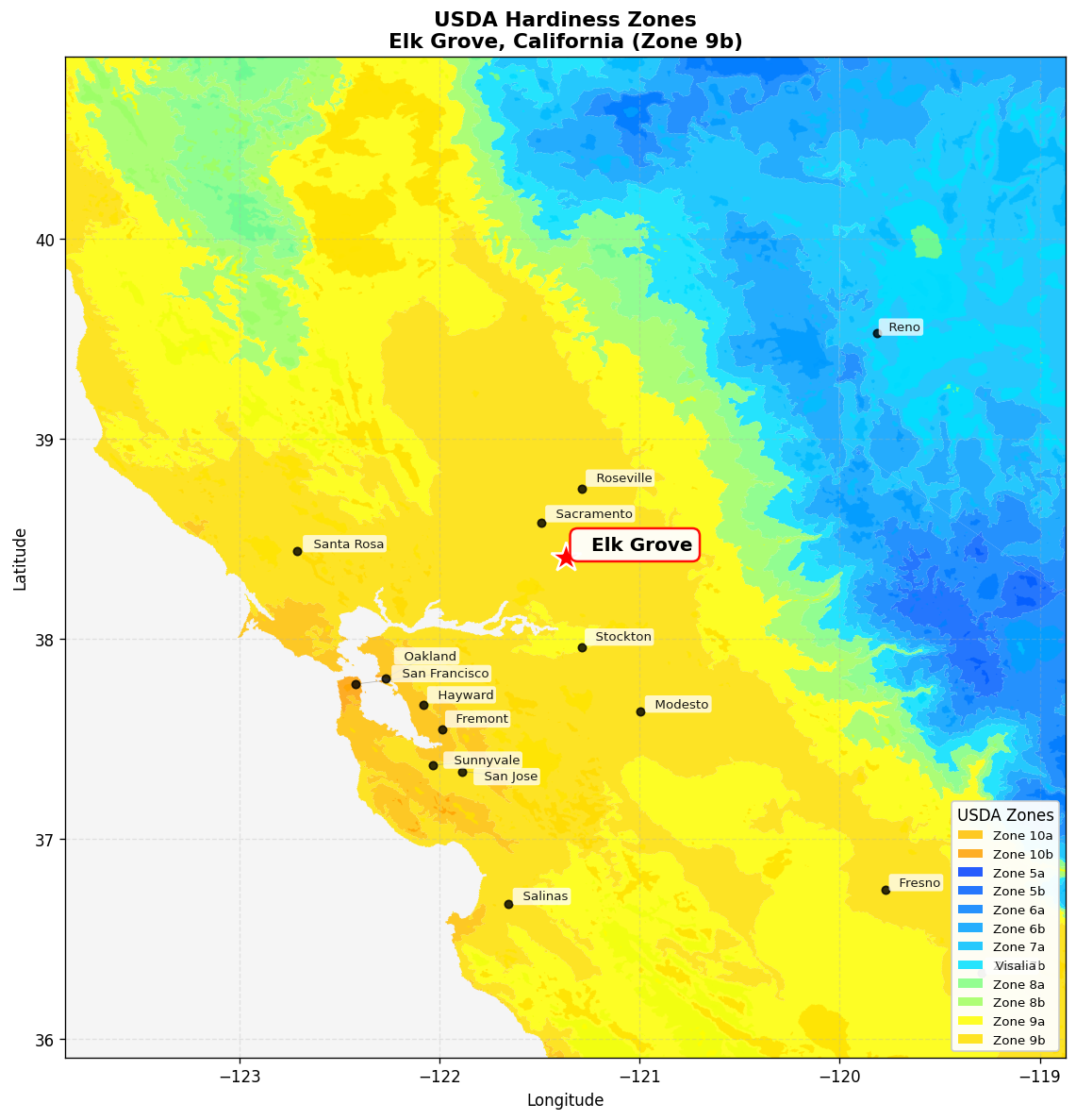 USDA Hardiness Zone 9b Map for Elk Grove, CA