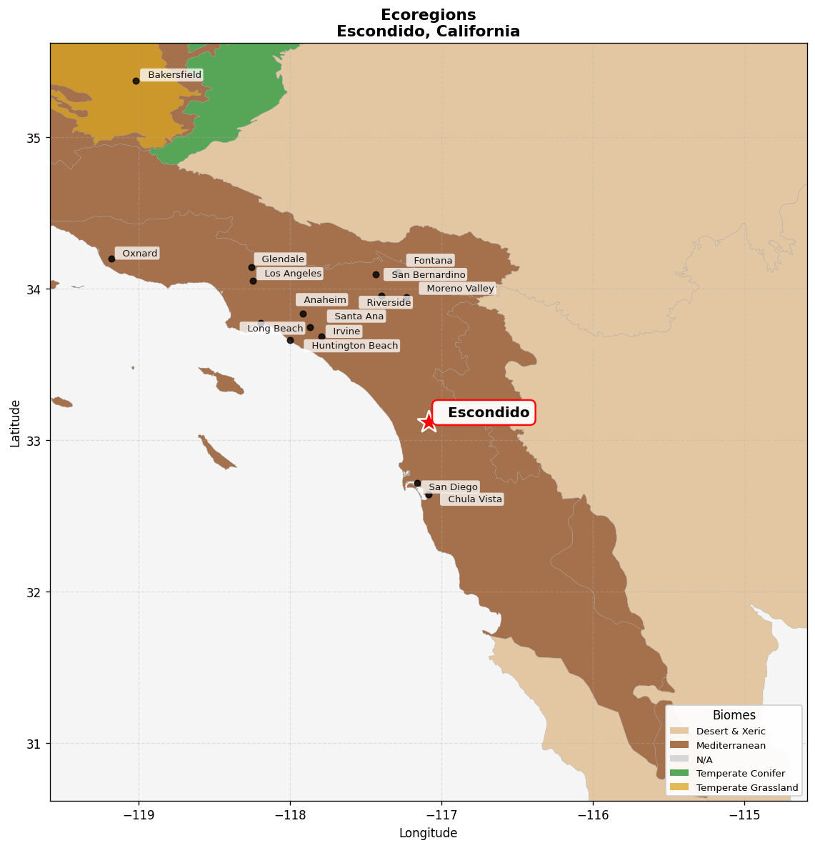 California coastal sage and chaparral Ecoregion Map for Escondido, CA