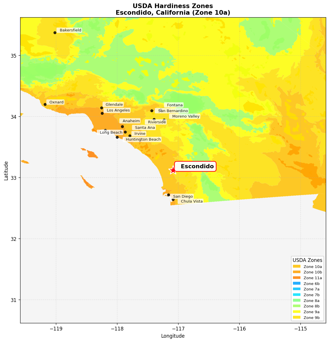 USDA Hardiness Zone 10a Map for Escondido, CA