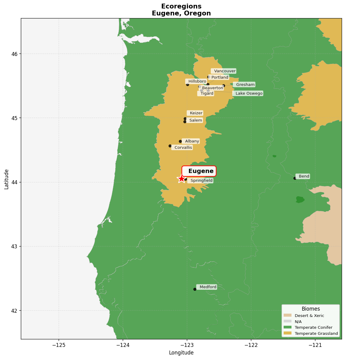 Willamette Valley oak savanna Ecoregion Map for Eugene, OR