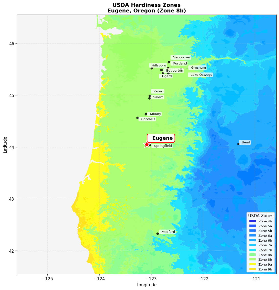 USDA Hardiness Zone 8b Map for Eugene, OR