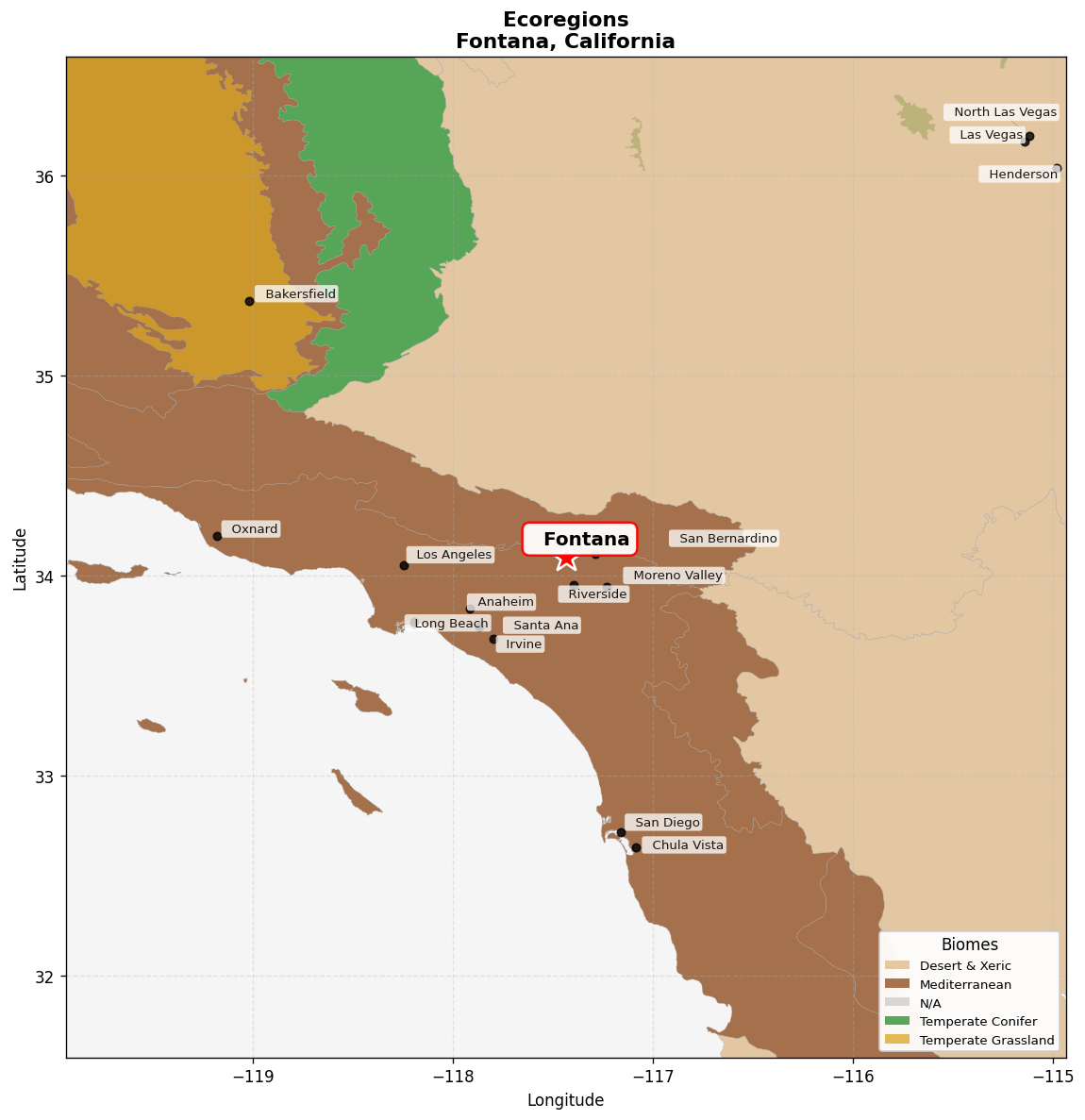 California coastal sage and chaparral Ecoregion Map for Fontana, CA