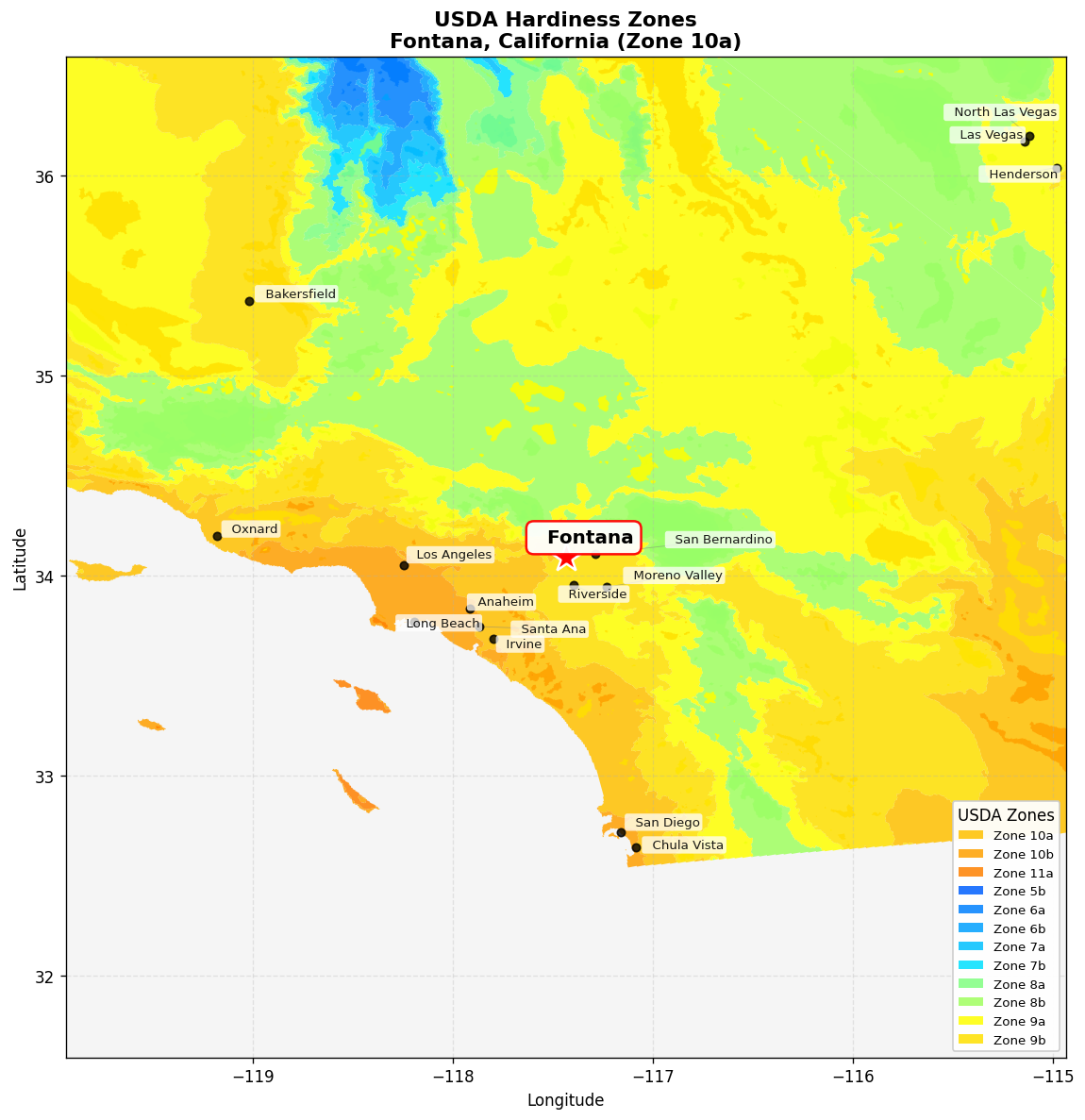 USDA Hardiness Zone 10a Map for Fontana, CA