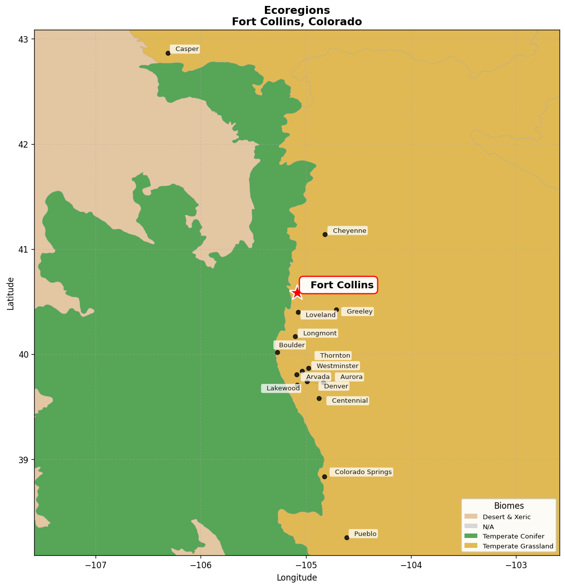 Western shortgrass prairie Ecoregion Map for Fort Collins, CO