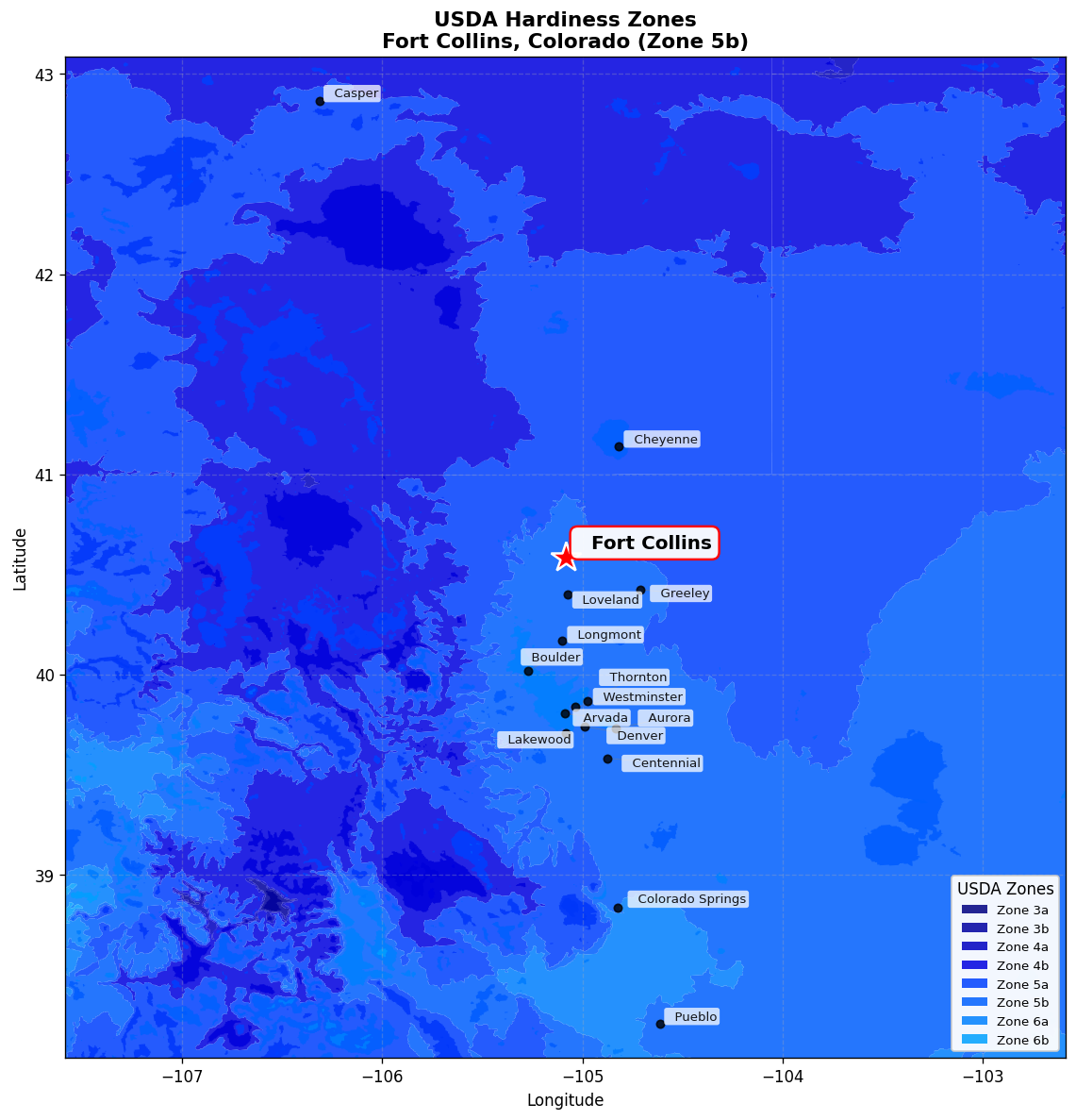 USDA Hardiness Zone 5b Map for Fort Collins, CO