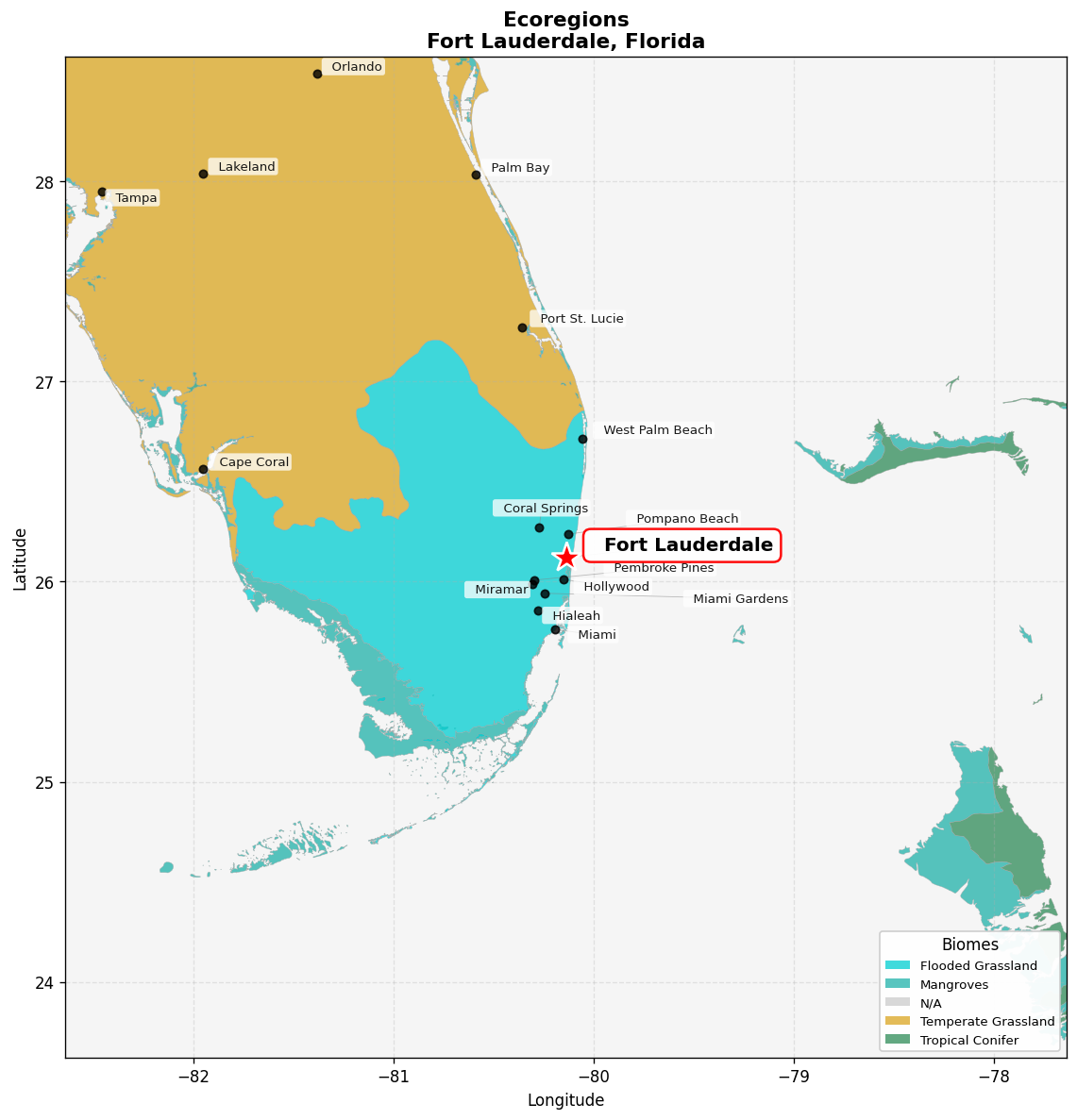 Everglades flooded grasslands Ecoregion Map for Fort Lauderdale, FL