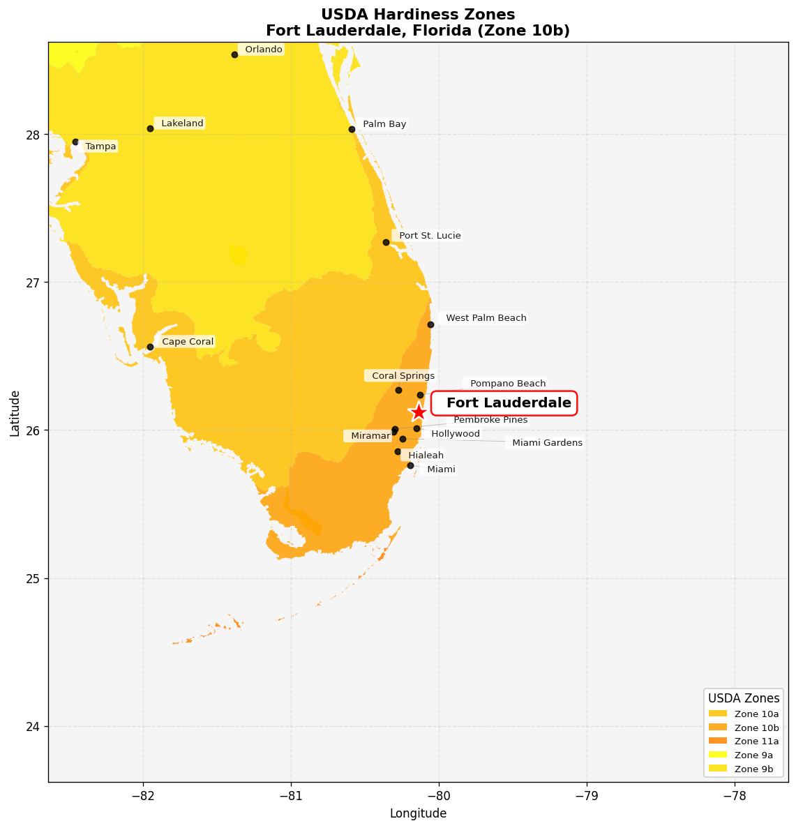 USDA Hardiness Zone 10b Map for Fort Lauderdale, FL