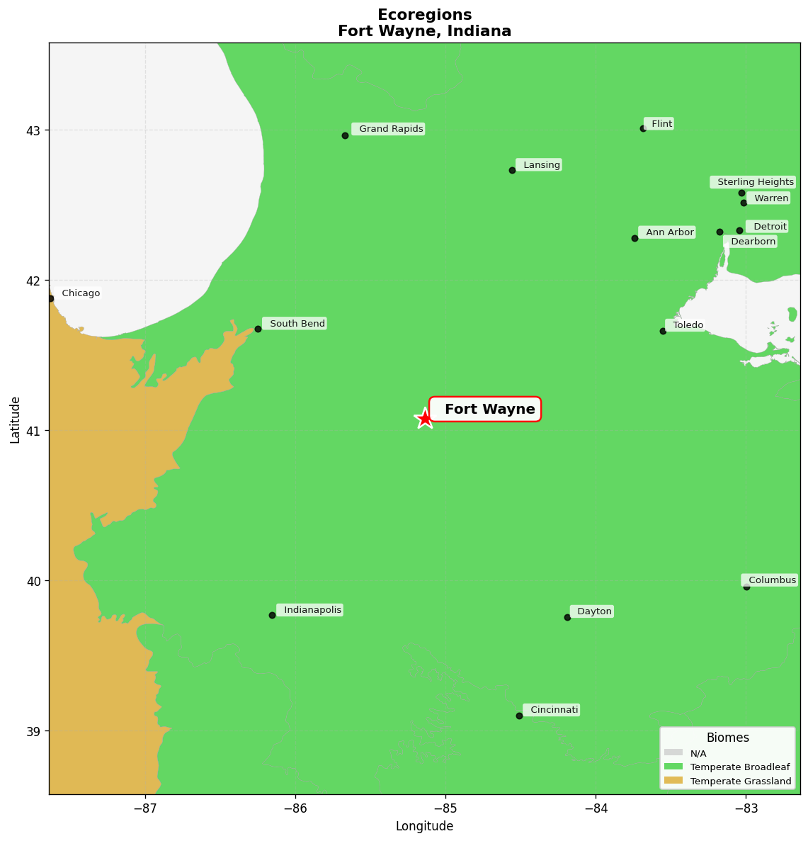 Southern Great Lakes forests Ecoregion Map for Fort Wayne, IN