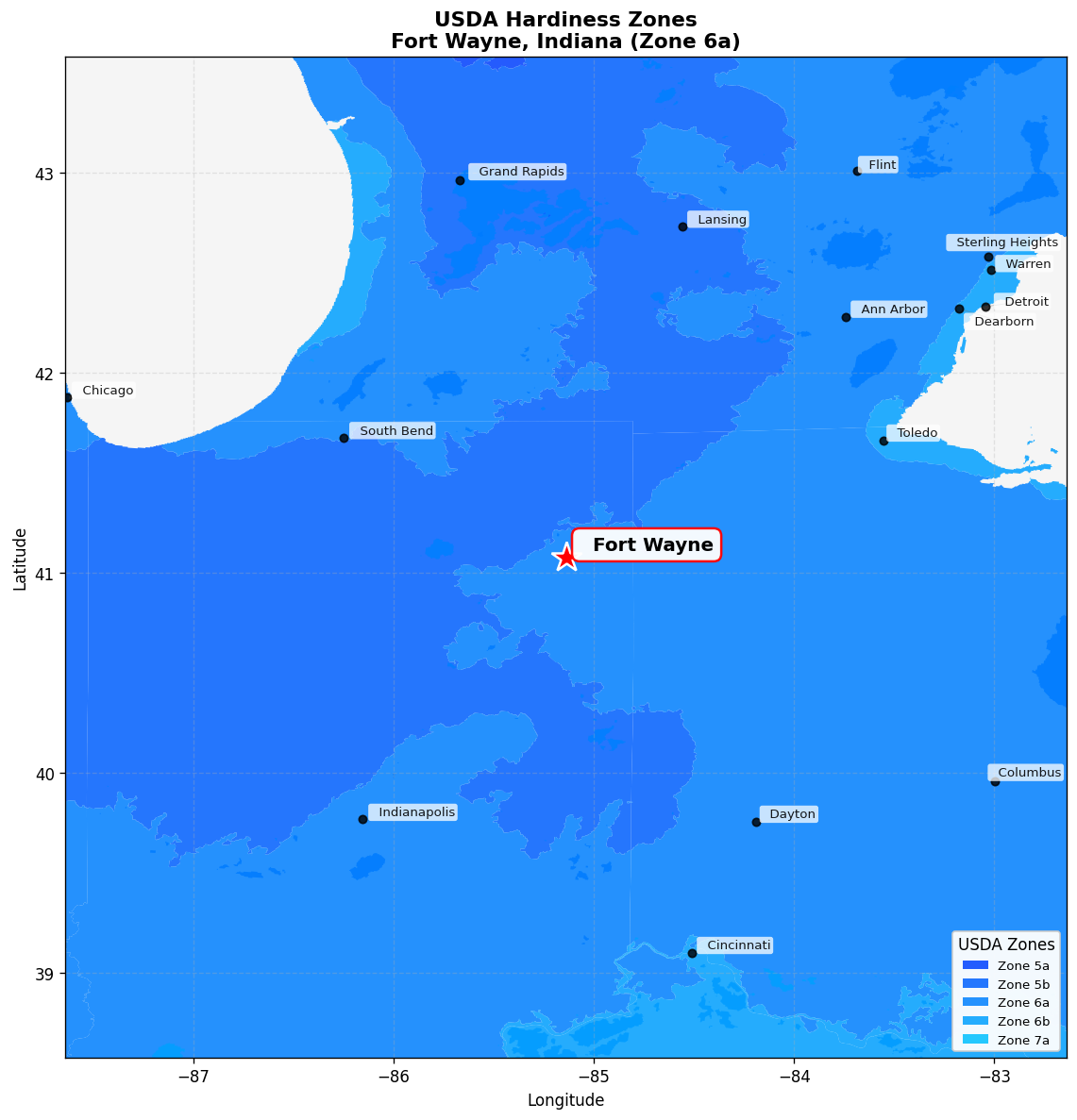 USDA Hardiness Zone 6a Map for Fort Wayne, IN