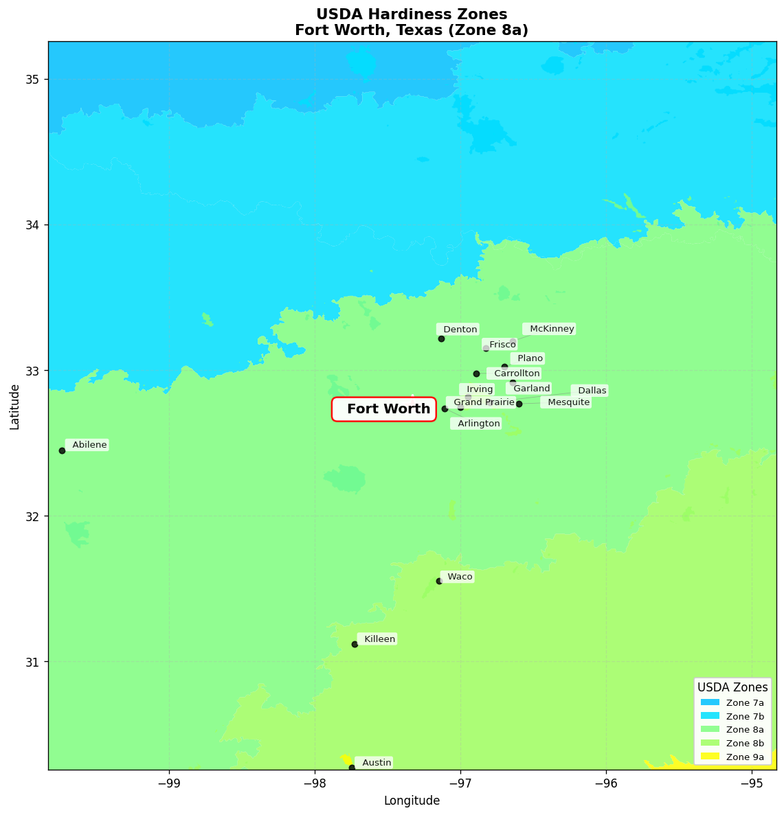 USDA Hardiness Zone Map for Fort Worth, TX