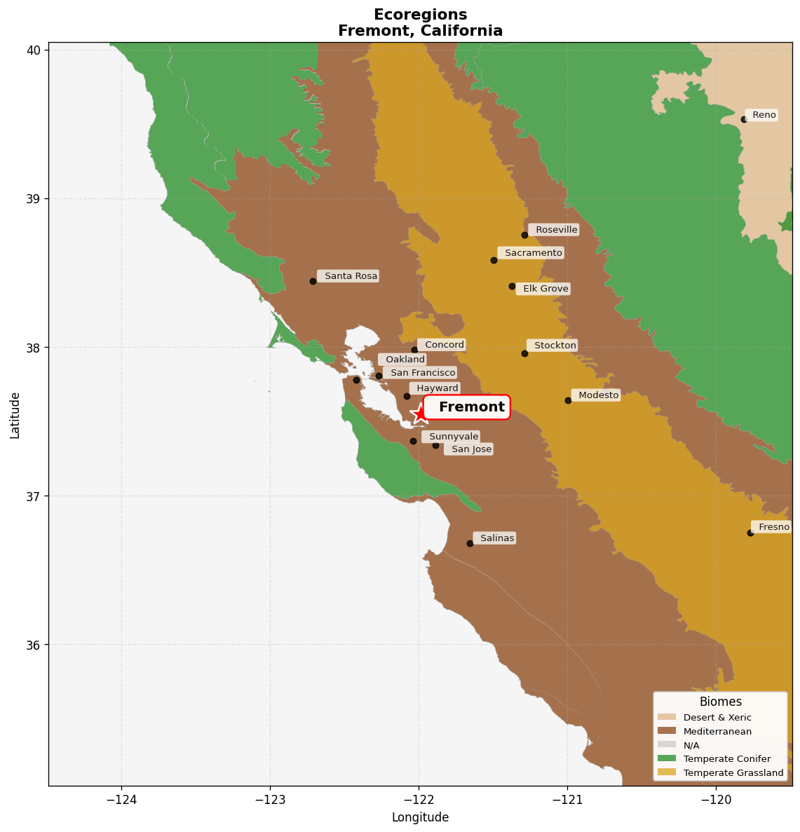 California interior chaparral and woodlands Ecoregion Map for Fremont, CA