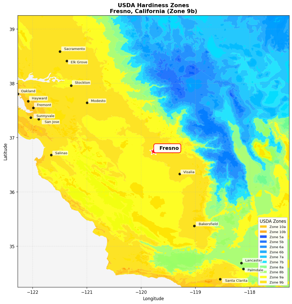 USDA Hardiness Zone Map for Fresno, CA