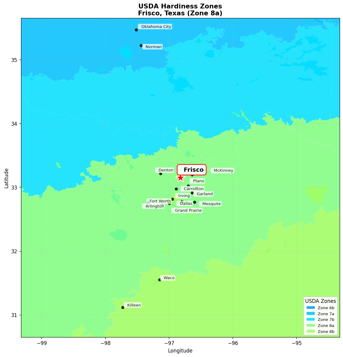 USDA Hardiness Zone 8a Map for Frisco, TX