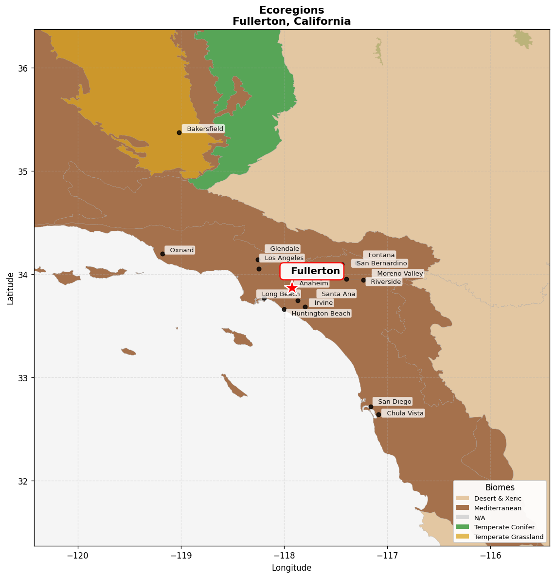 California coastal sage and chaparral Ecoregion Map for Fullerton, CA