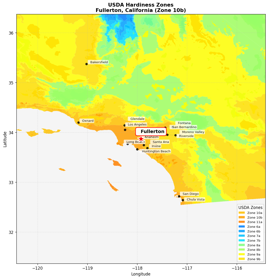 USDA Hardiness Zone 10b Map for Fullerton, CA