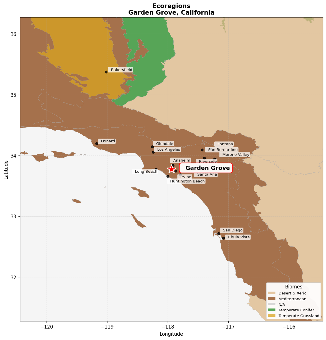 California coastal sage and chaparral Ecoregion Map for Garden Grove, CA