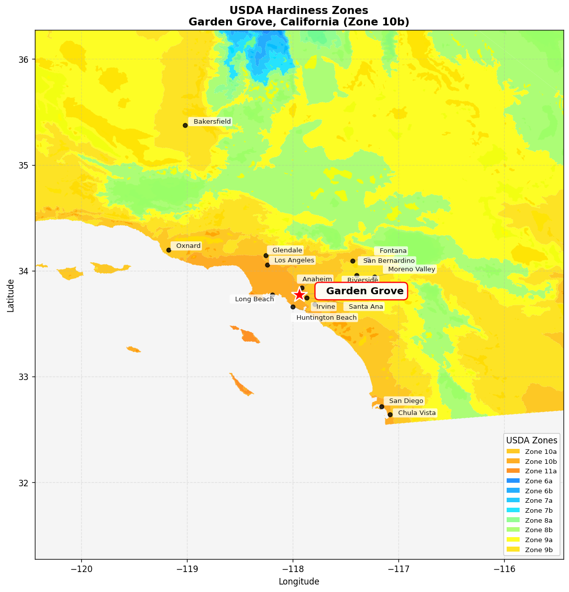 USDA Hardiness Zone 10b Map for Garden Grove, CA