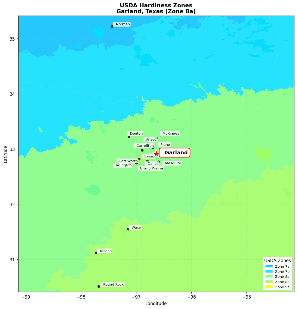 USDA Hardiness Zone 8a Map for Garland, TX