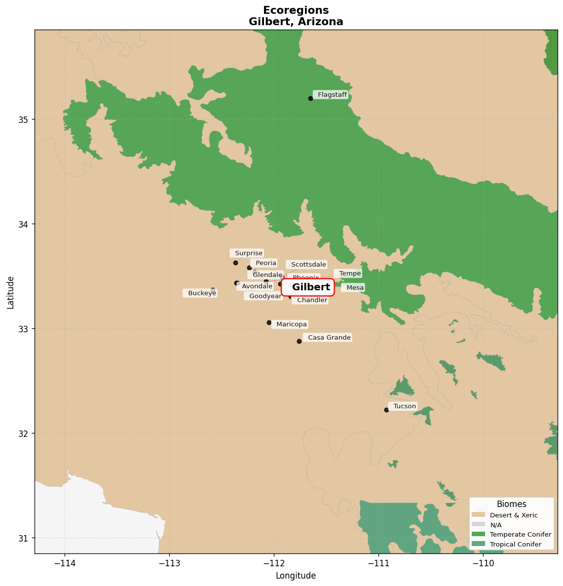 Sonoran desert Ecoregion Map for Gilbert, AZ