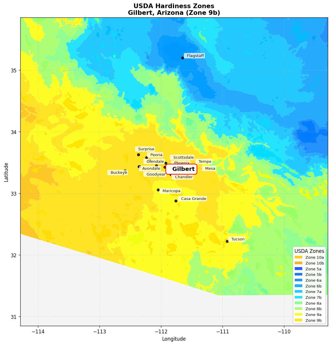 USDA Hardiness Zone 9b Map for Gilbert, AZ