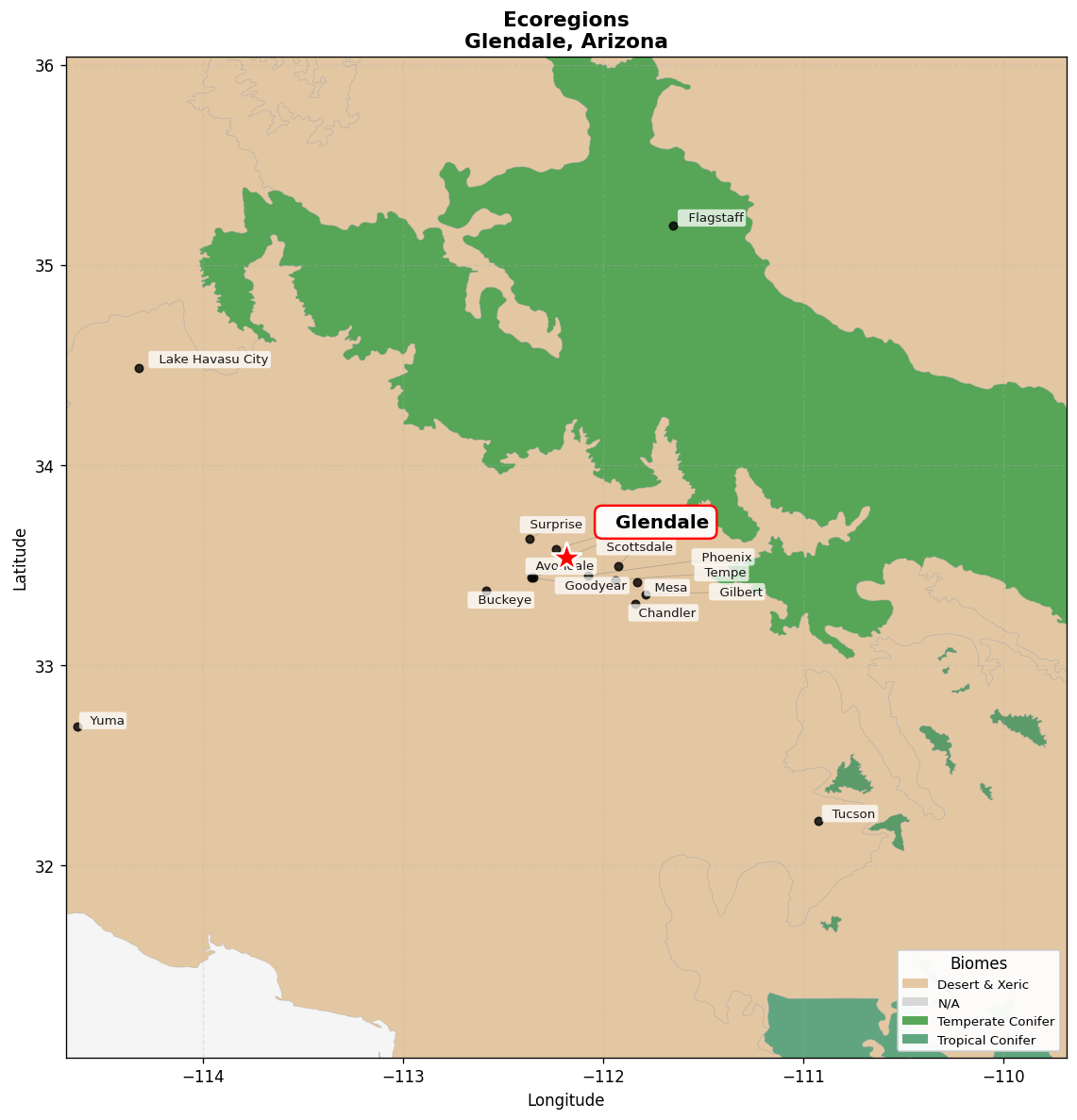 Sonoran desert Ecoregion Map for Glendale, AZ