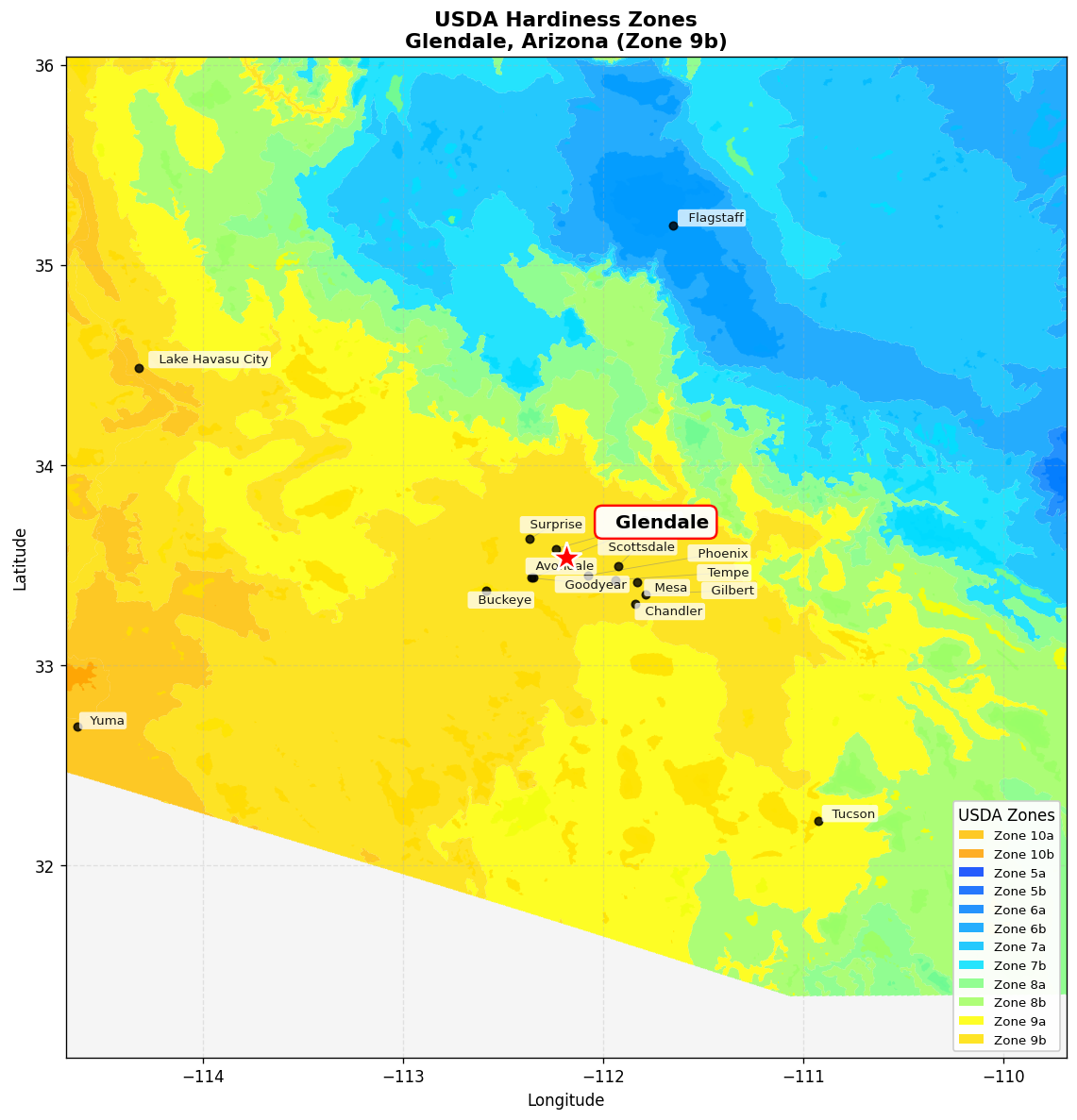 USDA Hardiness Zone 9b Map for Glendale, AZ