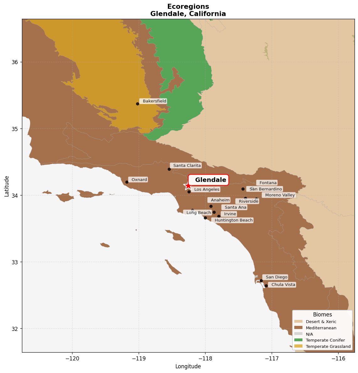 California coastal sage and chaparral Ecoregion Map for Glendale, CA