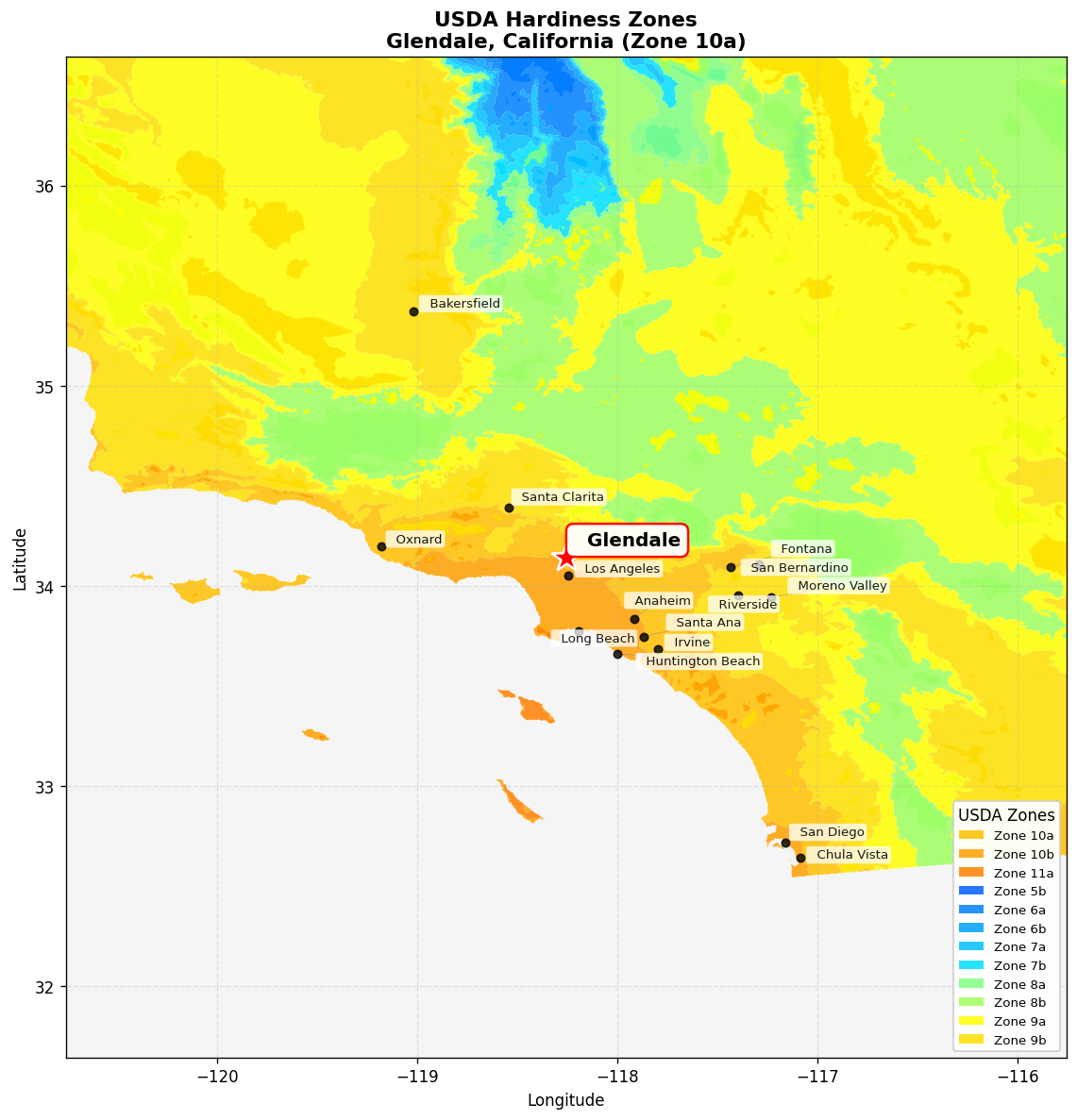 USDA Hardiness Zone 10a Map for Glendale, CA