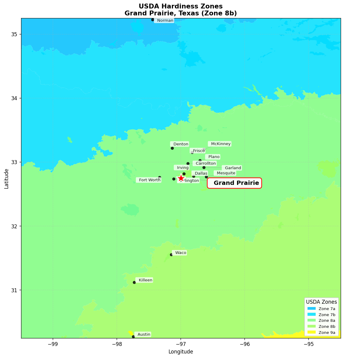 USDA Hardiness Zone 8b Map for Grand Prairie, TX