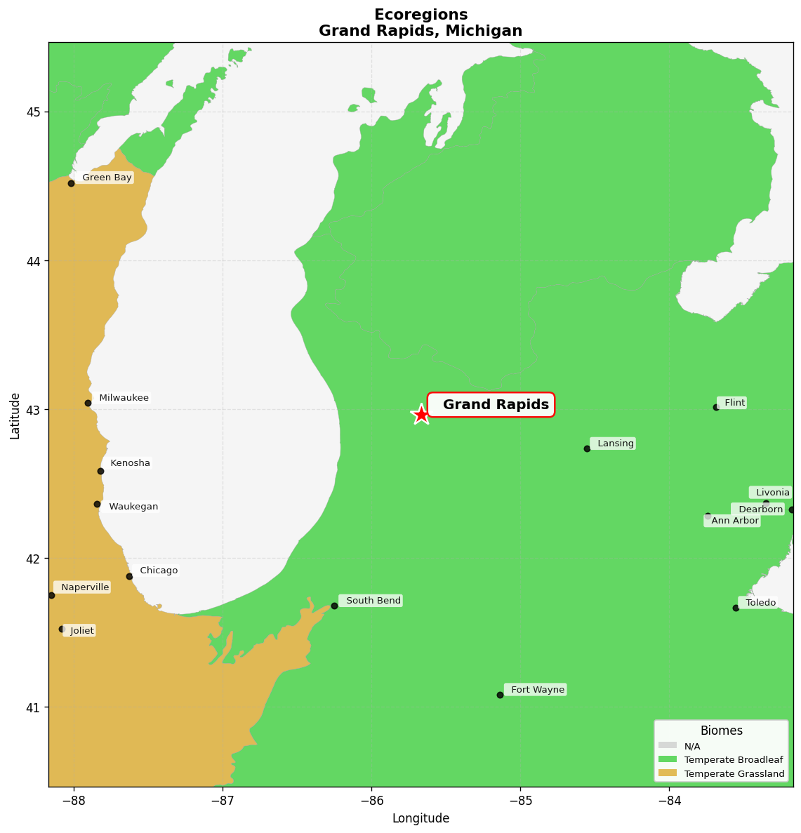 Southern Great Lakes forests Ecoregion Map for Grand Rapids, MI