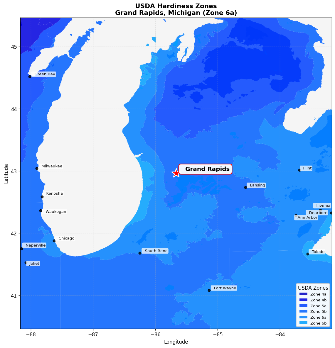 USDA Hardiness Zone 6a Map for Grand Rapids, MI