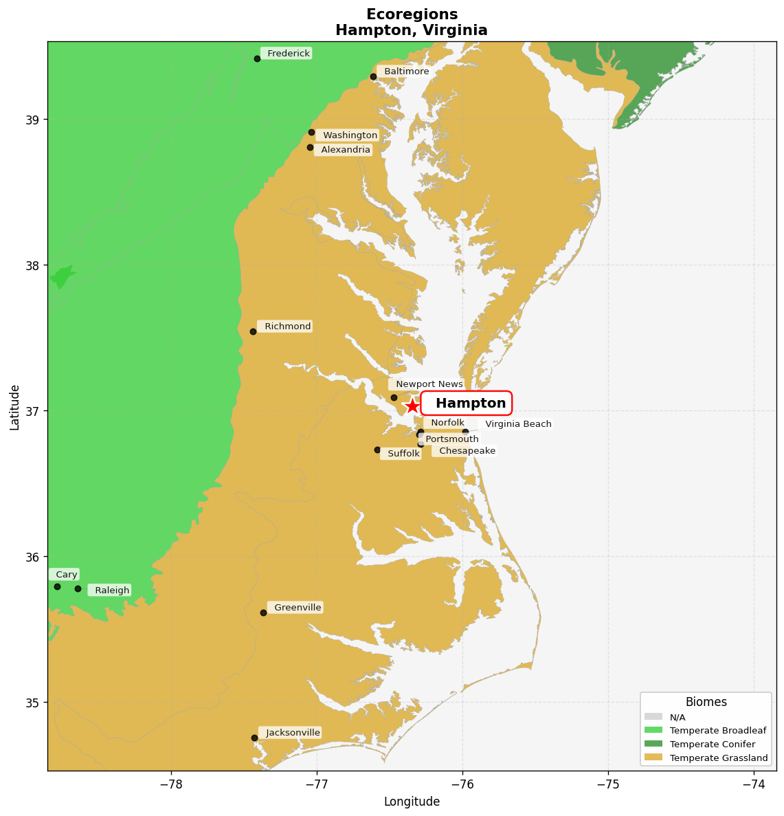 Mid-Atlantic US coastal savannas Ecoregion Map for Hampton, VA