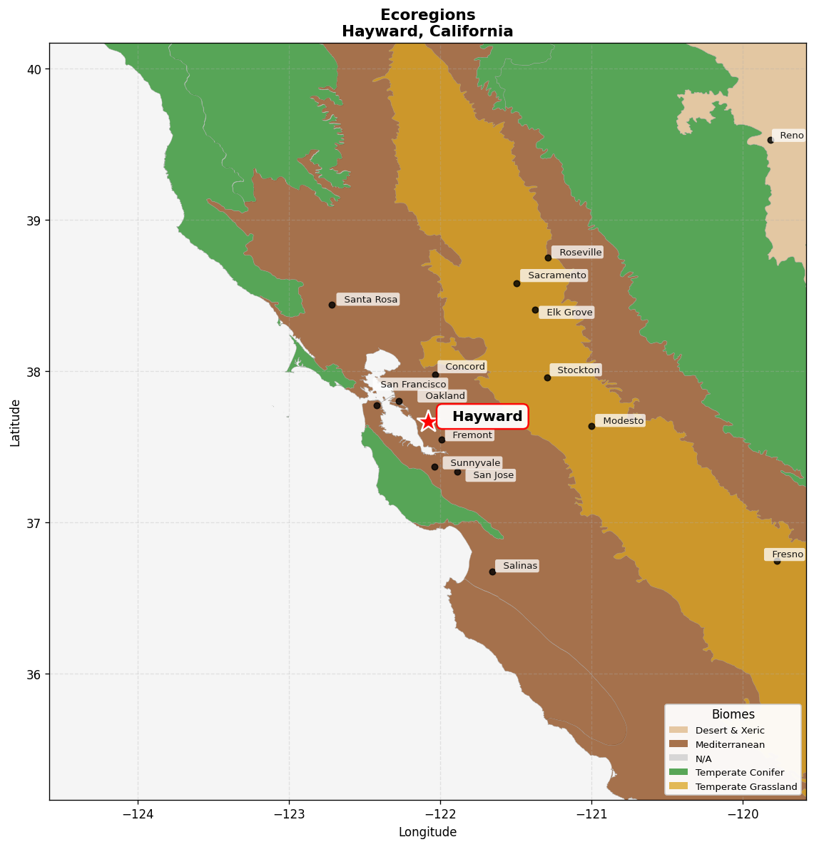 California interior chaparral and woodlands Ecoregion Map for Hayward, CA