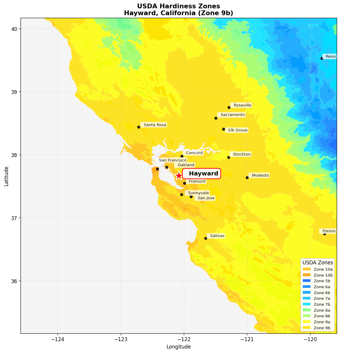 USDA Hardiness Zone 9b Map for Hayward, CA