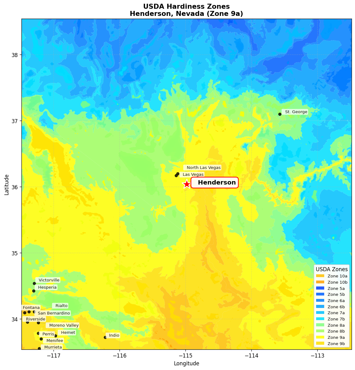 USDA Hardiness Zone 9a Map for Henderson, NV