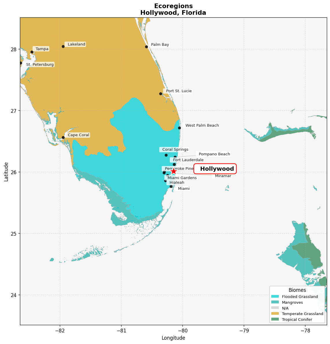 Everglades flooded grasslands Ecoregion Map for Hollywood, FL