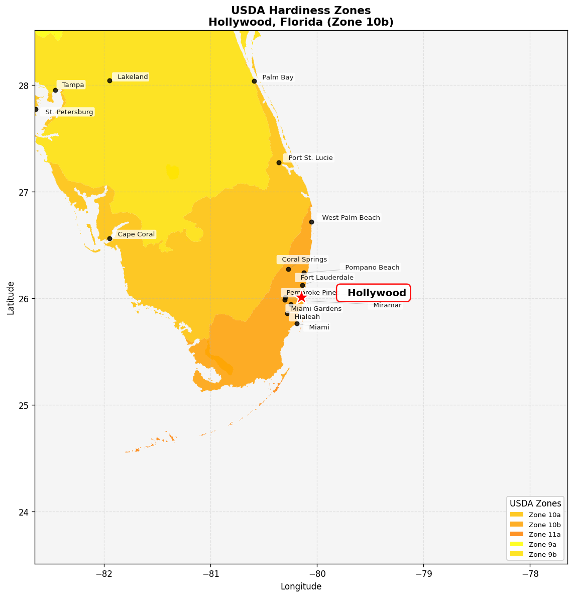 USDA Hardiness Zone 10b Map for Hollywood, FL