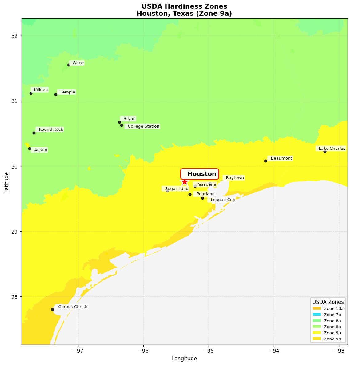 USDA Hardiness Zone Map for Houston, TX
