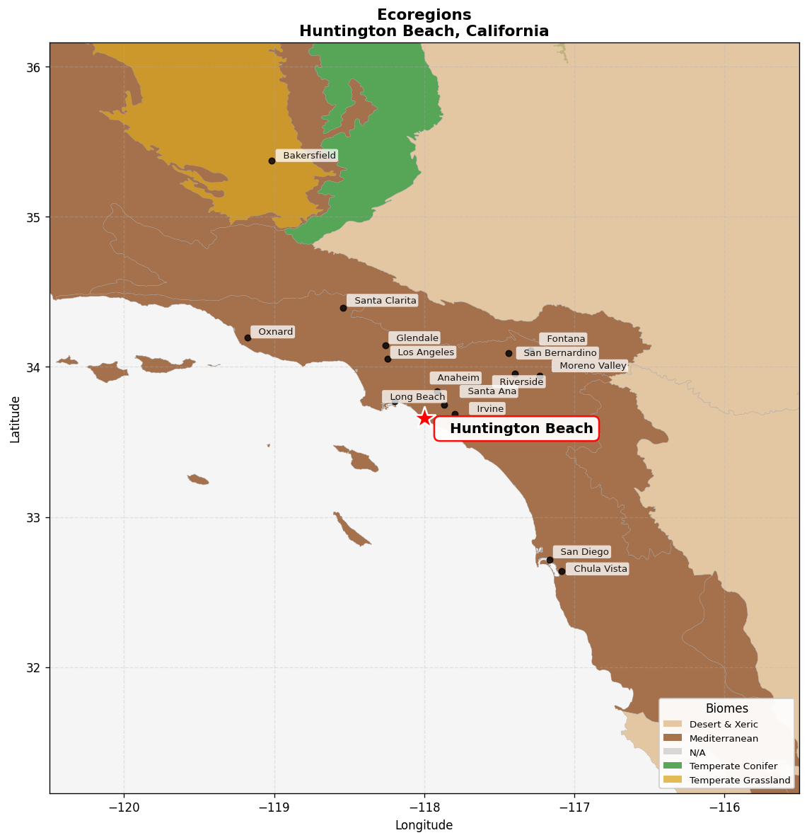 California coastal sage and chaparral Ecoregion Map for Huntington Beach, CA