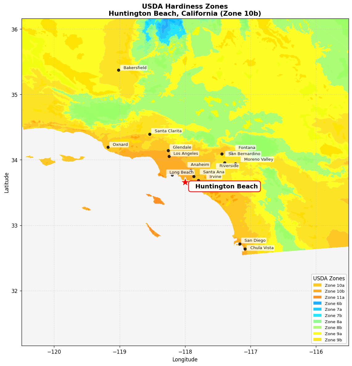 USDA Hardiness Zone 10b Map for Huntington Beach, CA