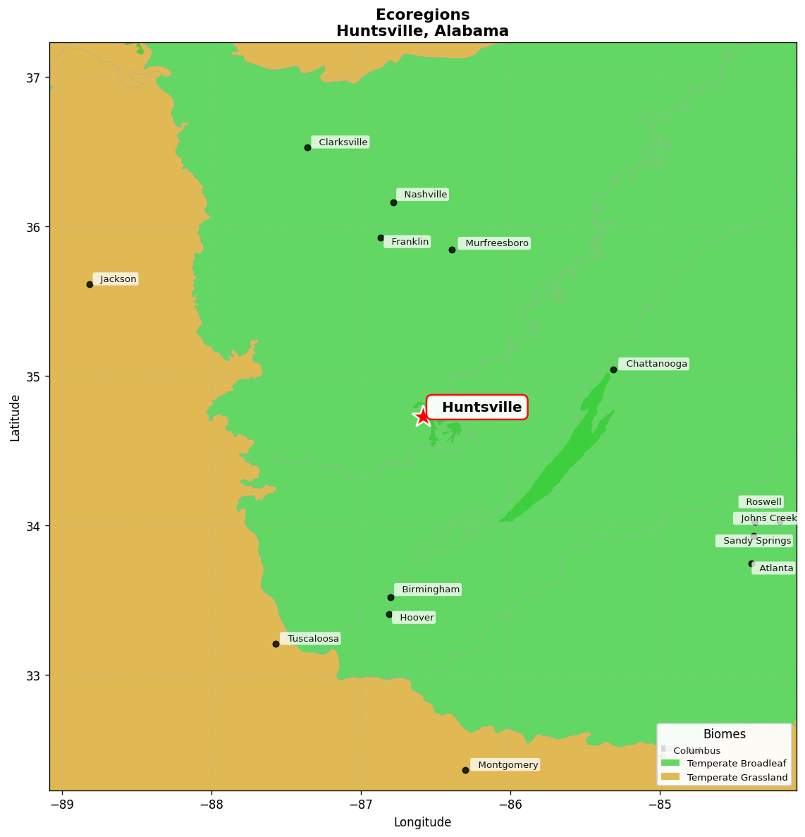 Interior Plateau US Hardwood Forests Ecoregion Map for Huntsville, AL