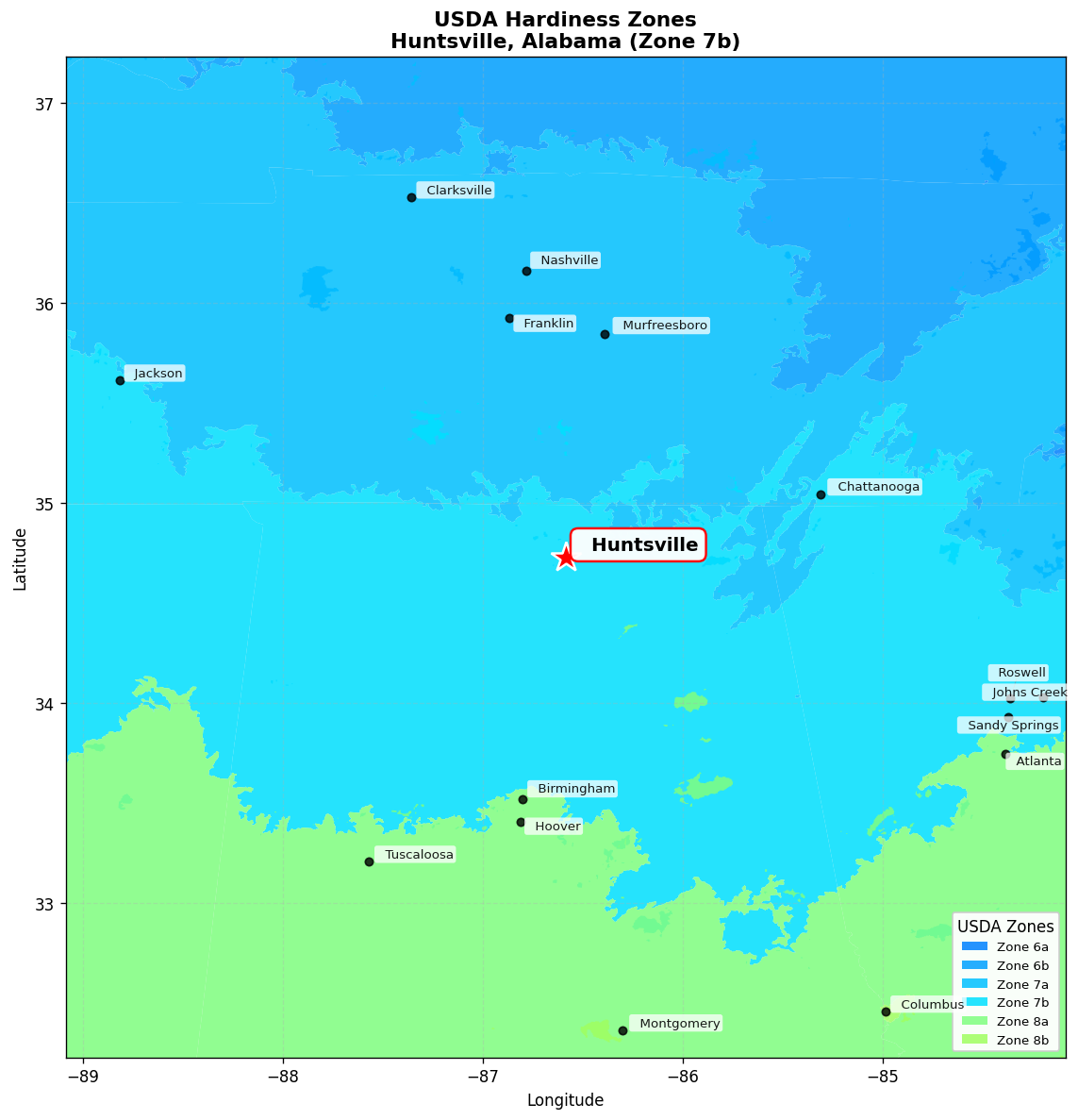 USDA Hardiness Zone 7b Map for Huntsville, AL