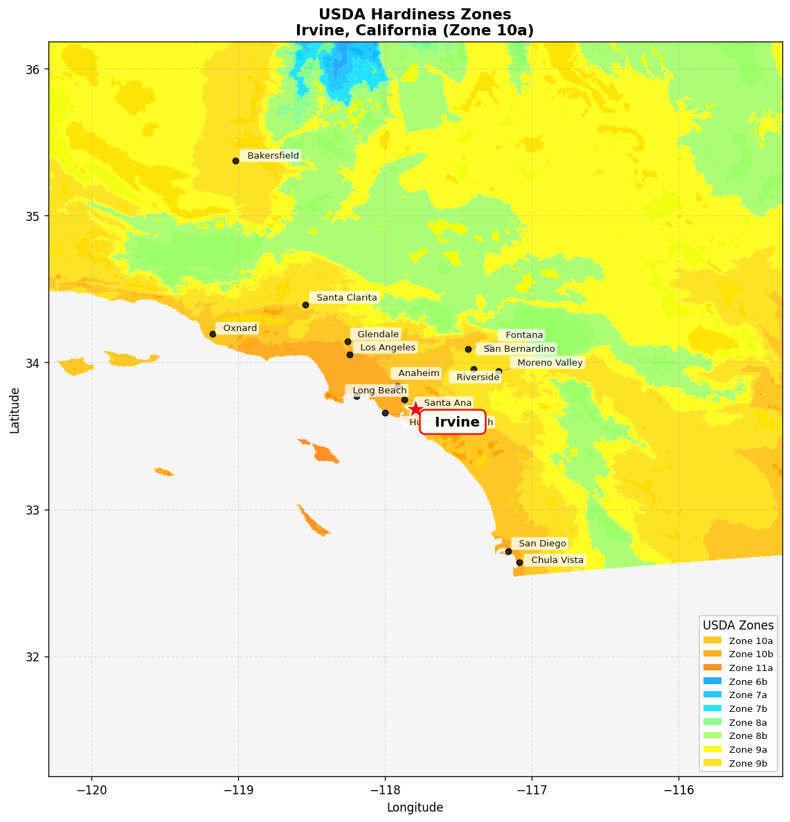 USDA Hardiness Zone 10a Map for Irvine, CA